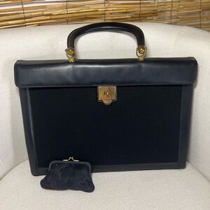 Vintage Ronay Elegant Black Leather & canvas Briefcase handbag with Gold Accents